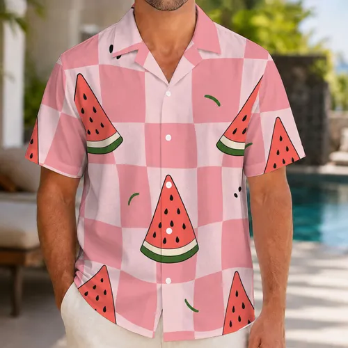 Watermelon Checkerboard Resort Wear for Beach Vacations, Summer Parties and Travel Hawaiian Shirt