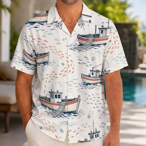Vintage Fishing Boats and Schooling Fish for Coastal Resort Getaways and Beach Vacations Hawaiian Shirt