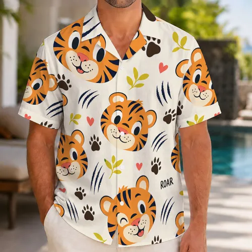 Cute Tiger Cub Faces With Paw Marks For Beach Vacations And Tropical Parties For Men Hawaiian Shirt