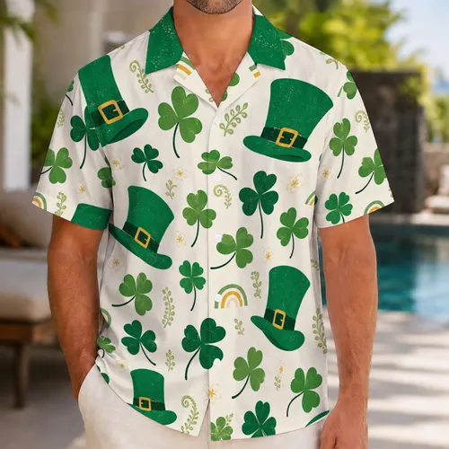 Emerald Leprechaun Hats And Shamrocks For St Patrick's Day Beach Vacation Wear Hawaiian Shirt