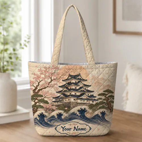 Japanese Castle Cherry Blossom Wave Scene For Travel, Campus And Everyday Errands Quilted Tote Bag