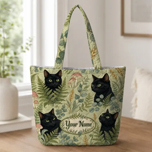 Black Cats, Ferns And Mushrooms For Nature Lovers, Everyday Carry And Gift Giving Quilted Tote Bag