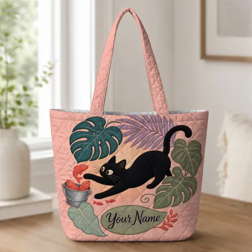 Black Cat Catching Fish With Tropical Leaves for Travel, Beach and Holiday Gifts Quilted Tote Bag