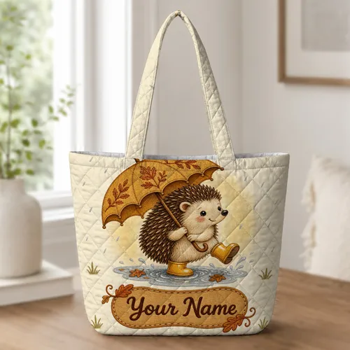 Hedgehog With Umbrella And Rain Boots for Autumn Errands and Nature Lovers Gifts Quilted Tote Bag