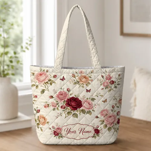 Vintage Roses And Monarch Butterflies for Shopping, Travel, and Christian Gift Giving Quilted Tote Bag
