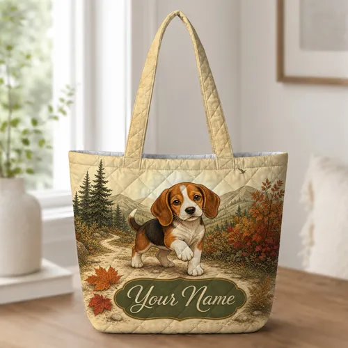Vintage Hound Puppy Autumn Mountain Trail For Outdoor Hiking Lovers And Dog Mom Gifts Quilted Tote Bag