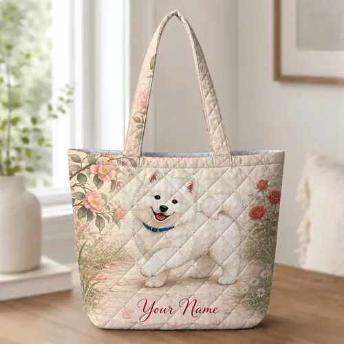 Samoyed Puppy Floral Garden Gift for Dog Moms, Everyday Travel, Market, and Errand Use Quilted Tote Bag
