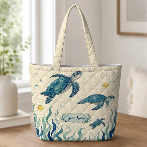 Sea Turtle Kelp Ocean Name Gift For Beach Trips, Travel Lovers And Marine Life Fans Quilted Tote Bag