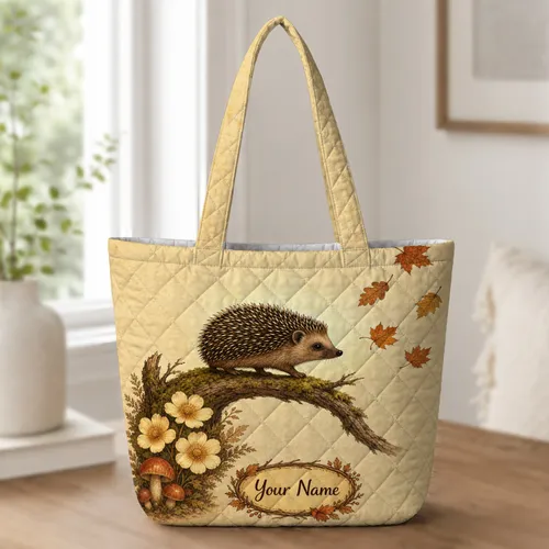 Autumn Hedgehog Woodland Scene For Fall Travel, Book Lovers, And Nature Gift Giving Quilted Tote Bag