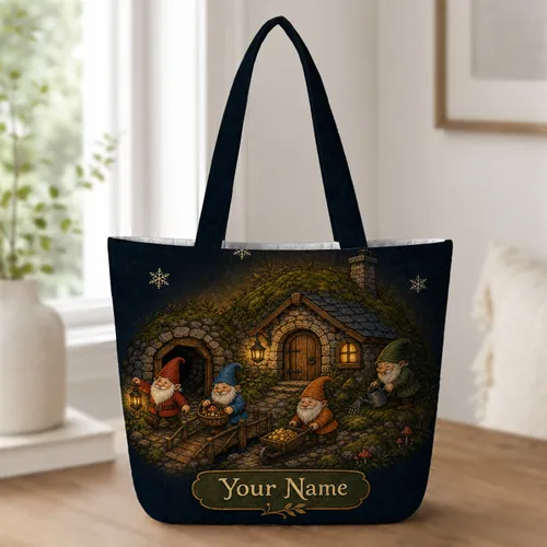 Twilight Garden Gnome Village For Camping Trips And Cottagecore Everyday Adventures Quilted Tote Bag