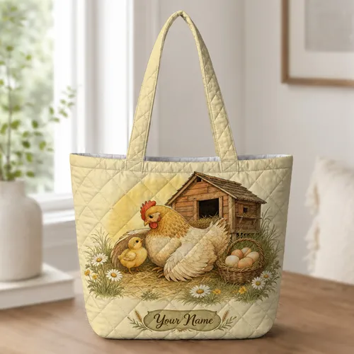 Rustic Hen And Chick Farmyard Scene For Market Trips, Travel, And Chicken Keeper Gifts Quilted Tote Bag