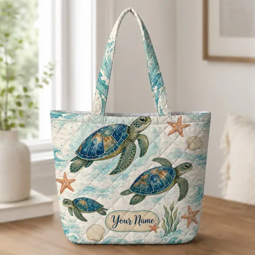 Sea Turtle Coastal Ocean Motifs For Beach Trips, Market Days And Everyday Carry Quilted Tote Bag