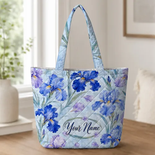 Blue Iris Watercolor Floral For Spring Travel, School And Daily Commutes Gift Ideas Quilted Tote Bag
