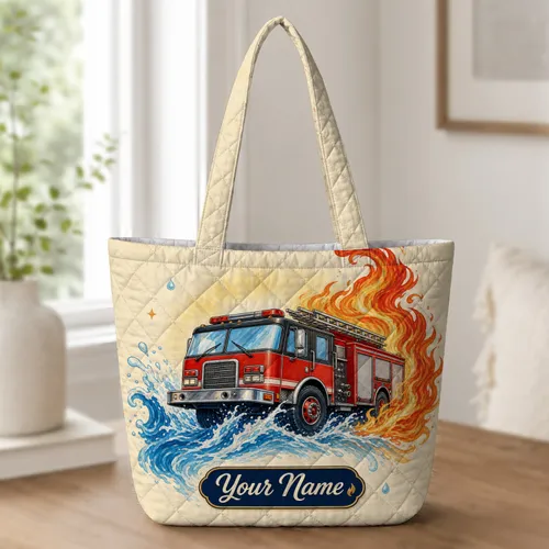 Vintage Fire Engine With Flames And Water Splash Road Trip Gift For Firefighters Quilted Tote Bag