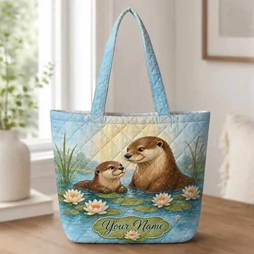 Otter Water Lily Pond Scene For Summer Travel, Beach Trips And Wildlife And Nature Lovers Quilted Tote Bag
