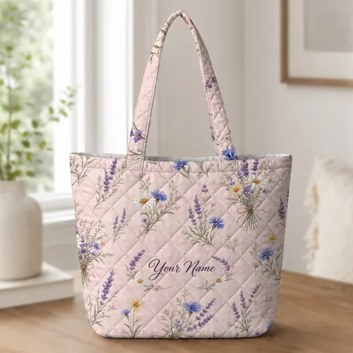 Blush Pink Lavender Wildflower Meadow For Everyday Travel And Cottagecore Gift Giving Quilted Tote Bag
