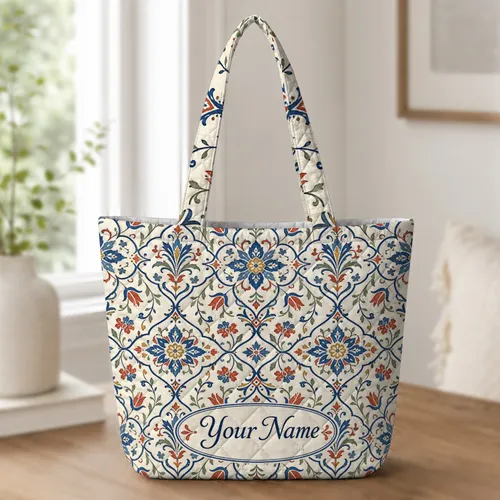Indigo Floral Tile Motifs For Travel, Beach Days, Markets And Everyday Boho Style Quilted Tote Bag