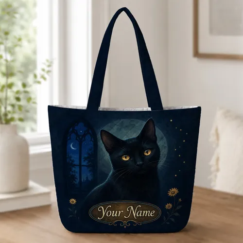 Mysterious Black Cat Moonlit Stars For Gothic Night Travel And Everyday Carry Cat Lovers Quilted Tote Bag