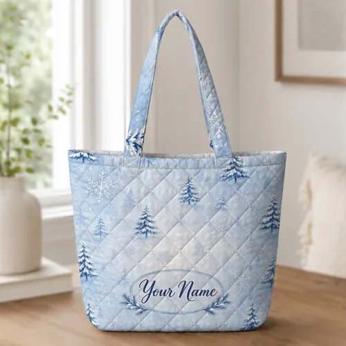 Snowflake And Snowy Pine Trees For Winter Travel, Gym Days, And Weekend Getaways Quilted Tote Bag