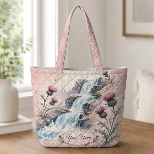 Waterfall And Thistle Floral For Weekend Travel, Gym Days And Nature Loving Women Quilted Tote Bag