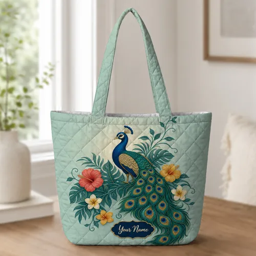 Tropical Peacock And Hibiscus Travel Gift for Women, Beach Weekends and Getaways Quilted Tote Bag