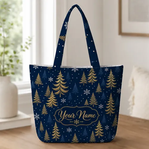 Midnight Navy Gold Pine Trees and Snowflakes for Winter Travel and Holiday Gift Giving Quilted Tote Bag
