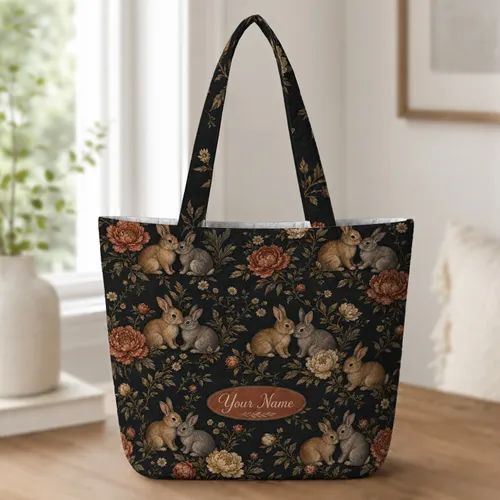 Woodland Rabbit And Peony Floral Gift For Garden Lovers, Travel And Daily Outings Quilted Tote Bag
