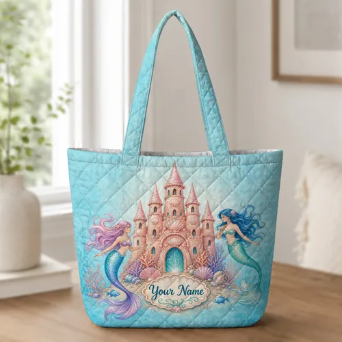 Pastel Mermaid Castle Beach Travel Carryall for Cruise Vacations and Ocean Lovers Quilted Tote Bag
