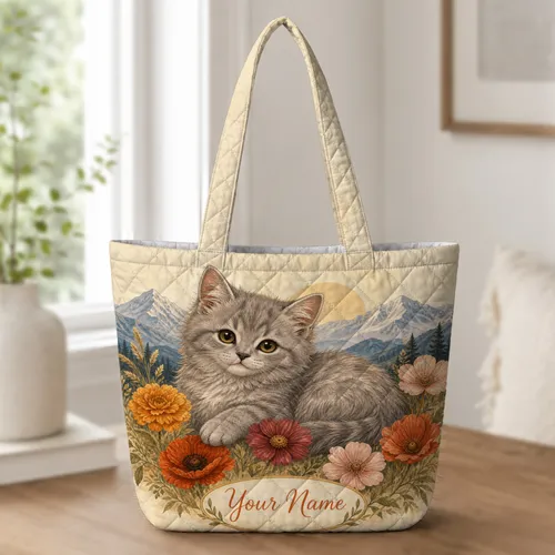 Gray Kitten Alpine Meadow Wildflower Carryall For Weekend Travel Cat Lovers Quilted Tote Bag