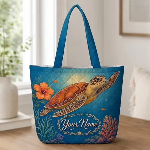 Sea Turtle Hibiscus Reef Coastal Beach Travel Gift With Name Detail For Ocean Lovers Quilted Tote Bag