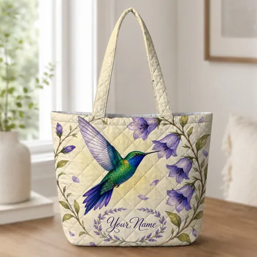 Emerald Hummingbird And Violet Bell Flowers For Everyday Travel And Garden Lovers Quilted Tote Bag