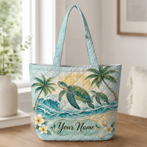 Sea Turtle Ocean Waves And Palm Beach Scene For Coastal Travel And Beach Day Lovers Quilted Tote Bag