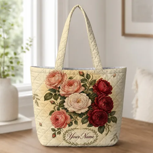Vintage Rose Garden Bouquet Gift For Weddings, Birthdays, And Everyday Carry For Her Quilted Tote Bag