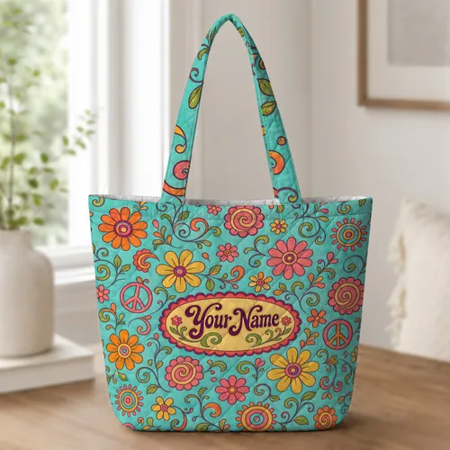 Retro Boho Floral Peace Symbols For Groovy Everyday Style And Thoughtful Gift Giving Quilted Tote Bag