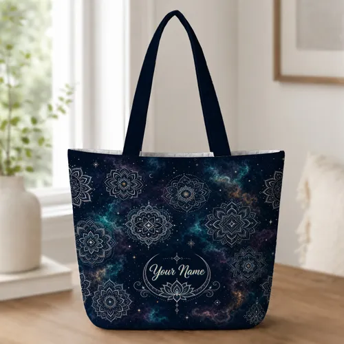 Celestial Mandala Lotus Navy Galaxy Carryall For Yoga Travel And Everyday Essentials Quilted Tote Bag