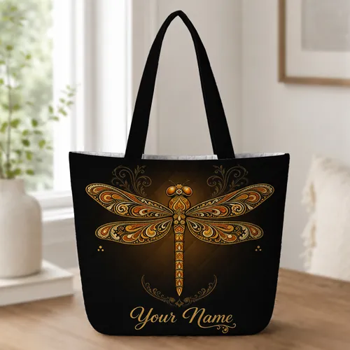 Ornate Dragonfly Folk Art Gift for Yoga Travel, Gym Days and Everyday Carry for Women Quilted Tote Bag