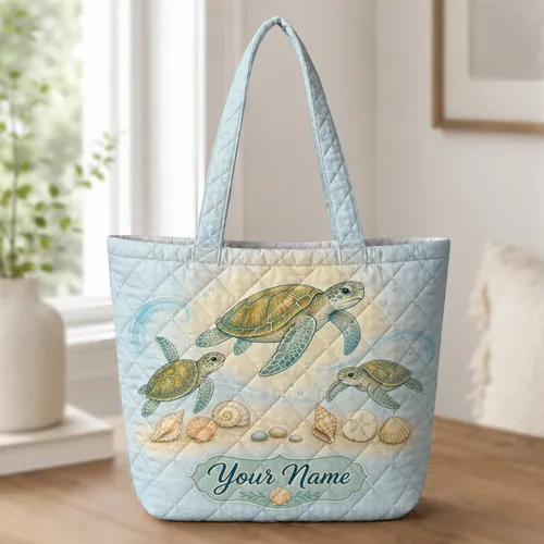 Coastal Sea Turtle Beach Travel Gift for Ocean Lovers and Summer Vacation Adventures Quilted Tote Bag