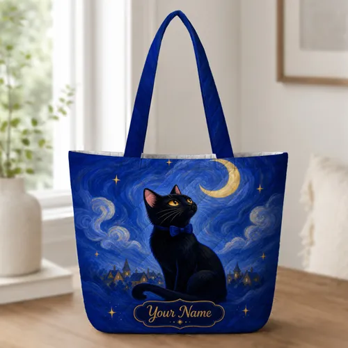 Black Cat Under Crescent Moon Night Sky Gift for Cat Lovers, Stargazers and Dreamers Quilted Tote Bag