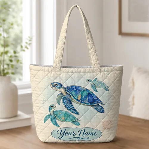 Three Sea Turtles In Teal Ocean For Coastal Travel Gifts And Beach Loving Women Everywhere Quilted Tote Bag