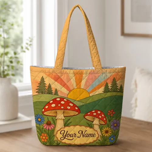 Retro Woodland Sunrise Mushroom Scene for Everyday Errands and Nature Gift Lovers Quilted Tote Bag
