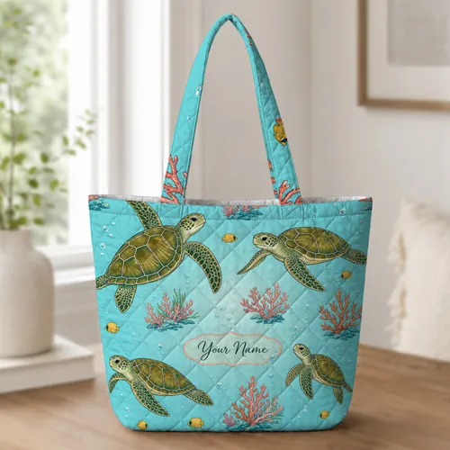 Sea Turtle Reef Ocean Vacation Motif For Beach Travel And Weekend Coastal Getaways Quilted Tote Bag