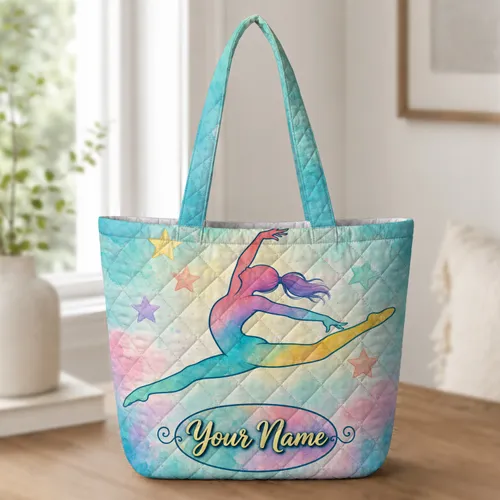 Colorful Gymnast Split Leap With Pastel Stars for Dance Practice and Youth Sports Gift Quilted Tote Bag
