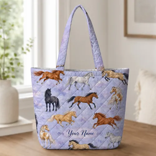 Watercolor Horse Herd For Equestrian Travel, Barn Days And Everyday Carry Enthusiasts Quilted Tote Bag