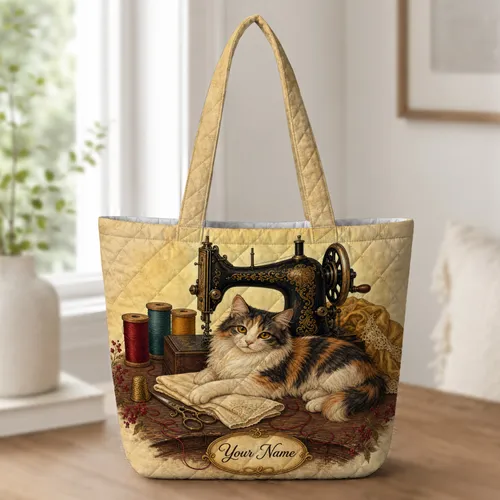 Antique Sewing Machine And Calico Cat For Sewing Retreats And Creative Makers Gifts Quilted Tote Bag