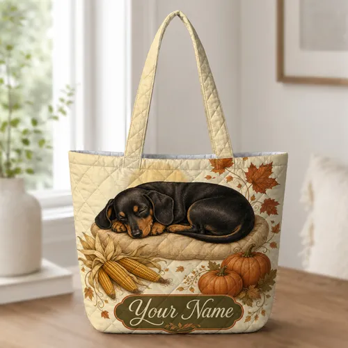 Sleeping Dachshund Autumn Harvest Everyday Carry For Dog Moms And Fall Market Trips Quilted Tote Bag