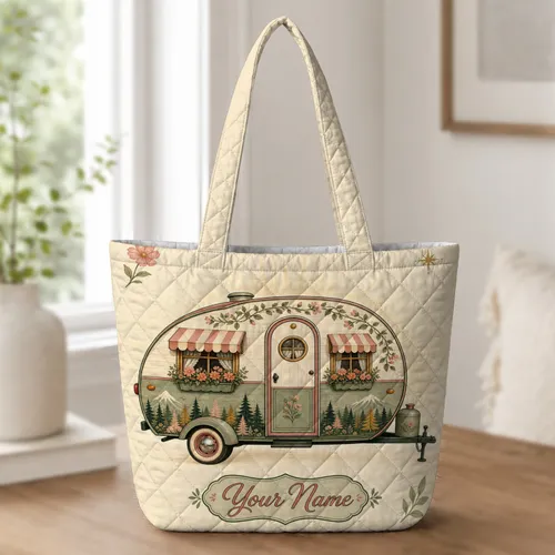 Vintage Camper Floral Travel Essential for Camping Trips, Road Travel, and Cottagecore Fans Quilted Tote Bag
