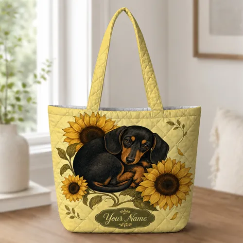 Sleepy Black And Tan Dachshund With Sunflowers For Autumn Getaways And Dog Lovers Quilted Tote Bag
