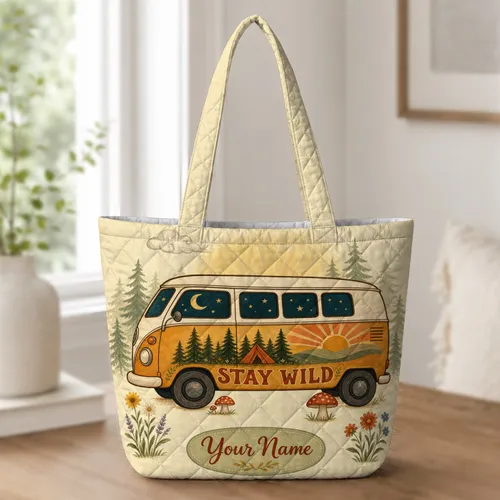 Vintage Camper Van Stay Wild Road Trip Adventure Gift For Outdoor Camping Lovers Quilted Tote Bag
