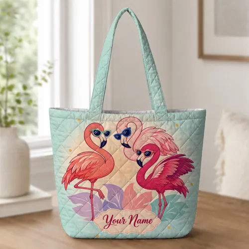 Three Retro Flamingos In Sunglasses For Beach Trips, Yoga Days And Tropical Getaways Quilted Tote Bag
