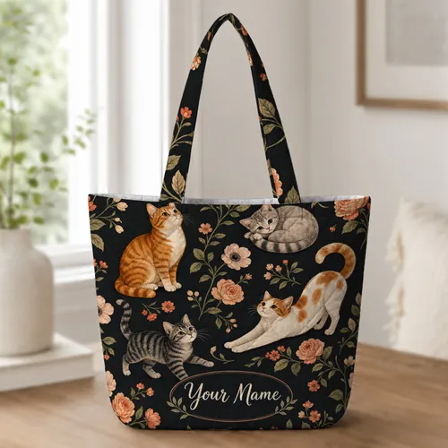 Whimsical Tabby Cats And Garden Roses For Everyday Errands And Cat Lover Gifting Quilted Tote Bag